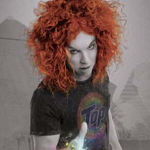 A black and white image of Carrot Top at Luxor.