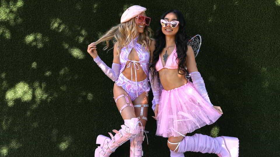 Two Girls in Pink Rave Outfit